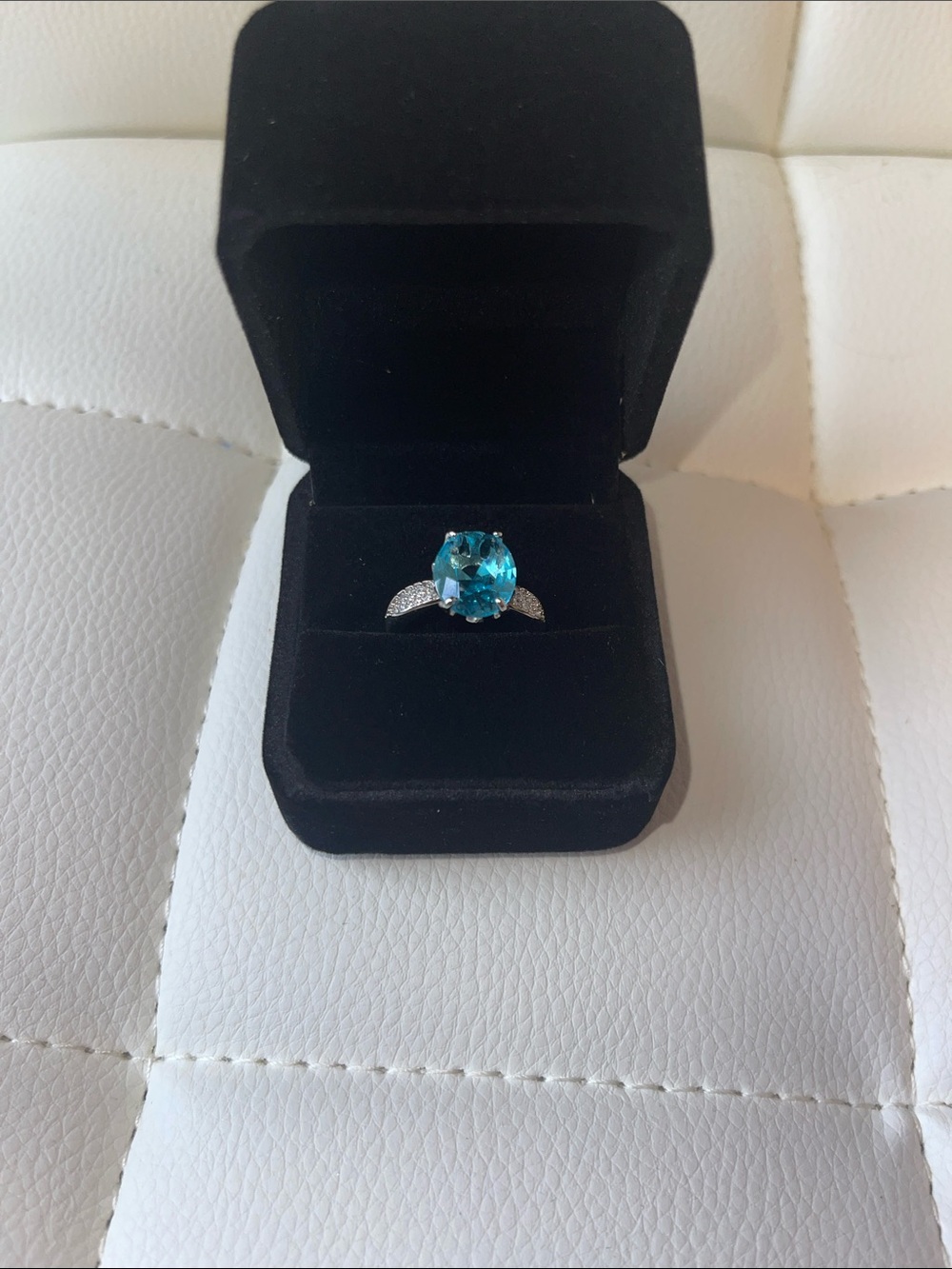 New in box Aquamarine Blue Oval Halo Ring with Side Diamonds - Women Jewelry